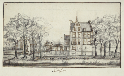 135426 Gezicht op het omgrachte huis Rhodestein bij Amerongen.N.B. Het huis Rhodestein (Royestein) lag aan de Rijndijk ...